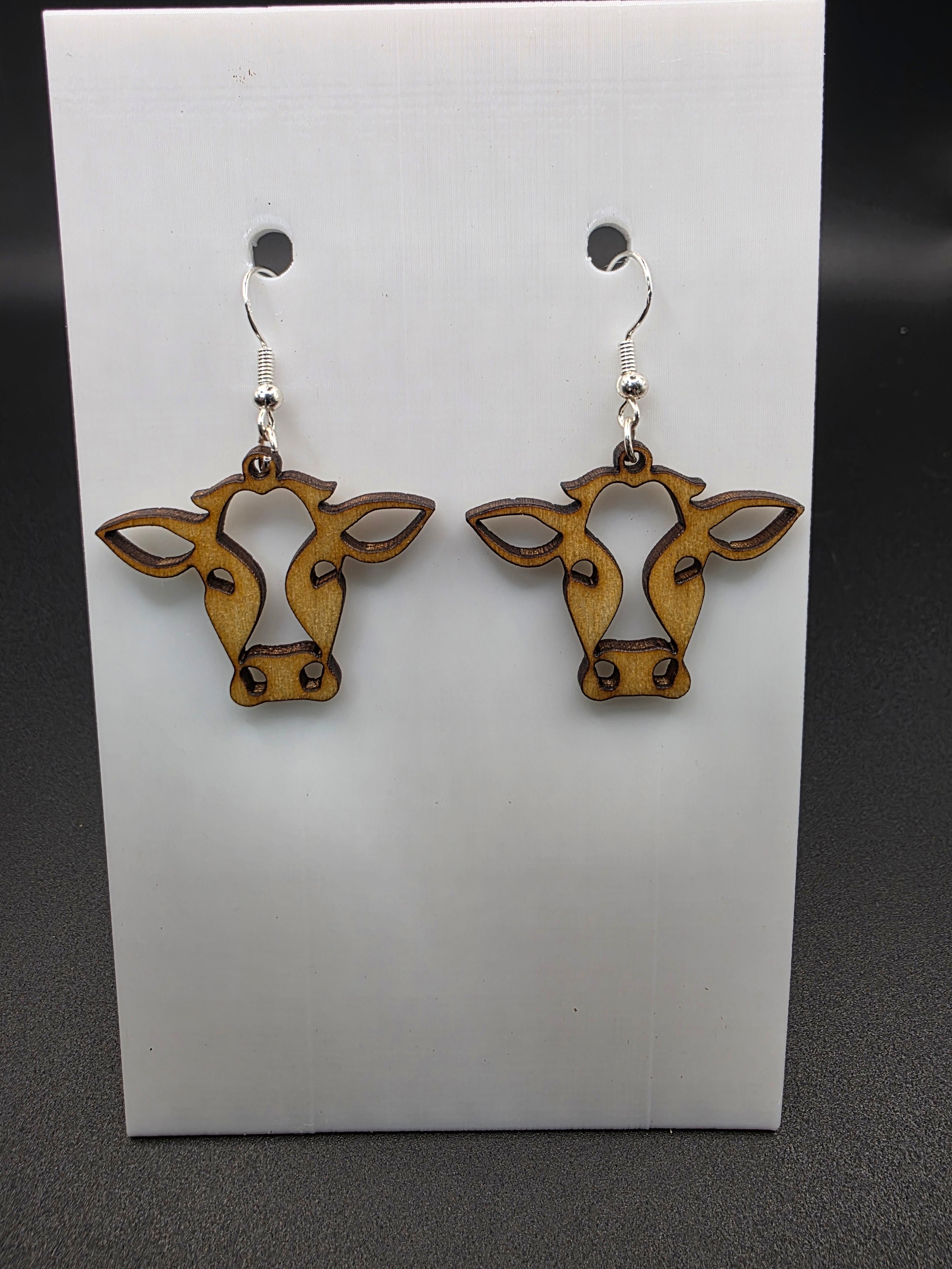 Wood Cow Head Earrings