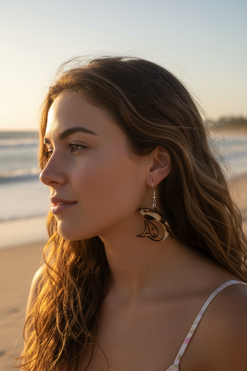 Person wearing wood shark earrings at beach