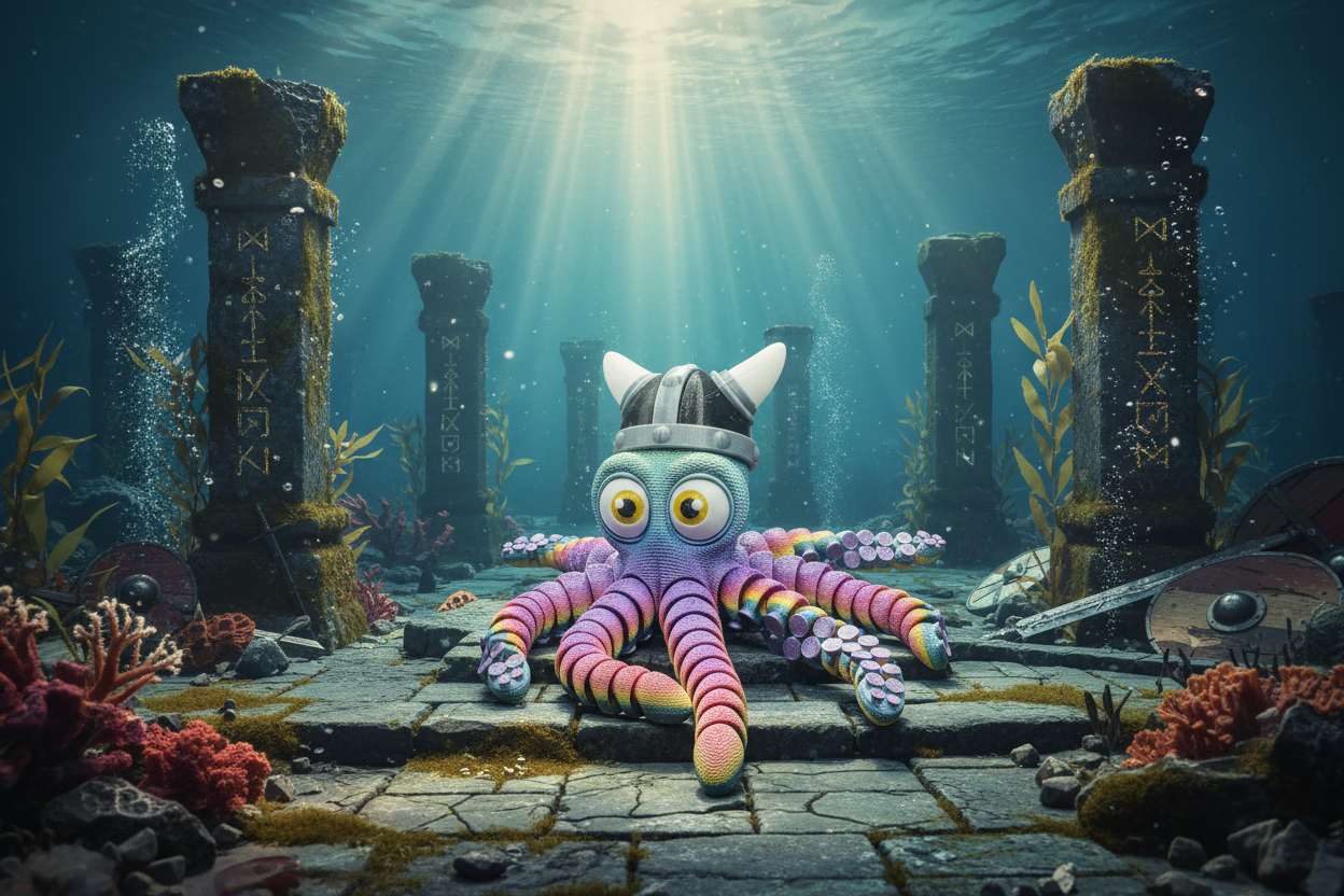 Viking octopus in underwater Norse scene