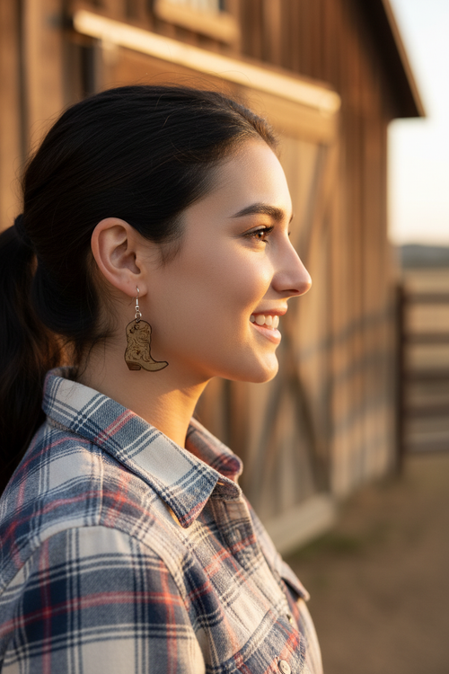Woman wearing extremely small cowboy boot earrings