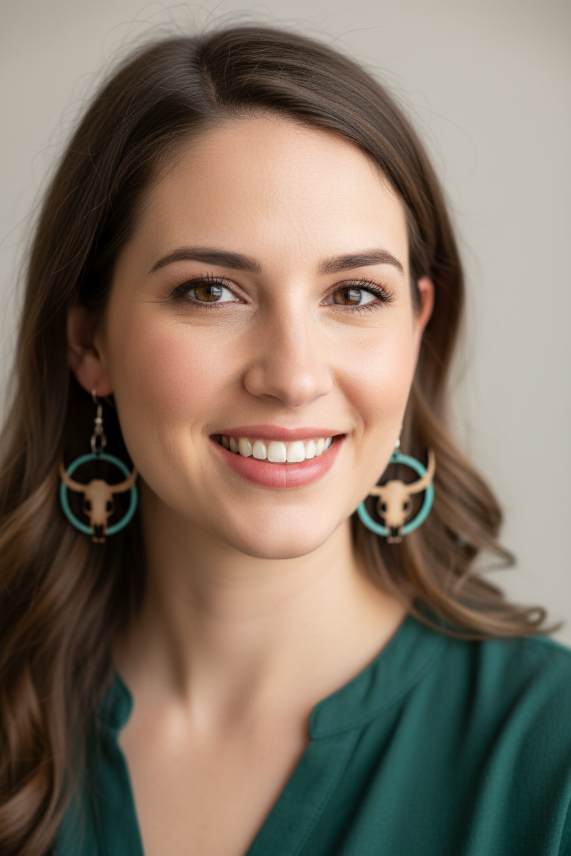 Woman wearing Handmade Wood Western Cow Skull Earrings