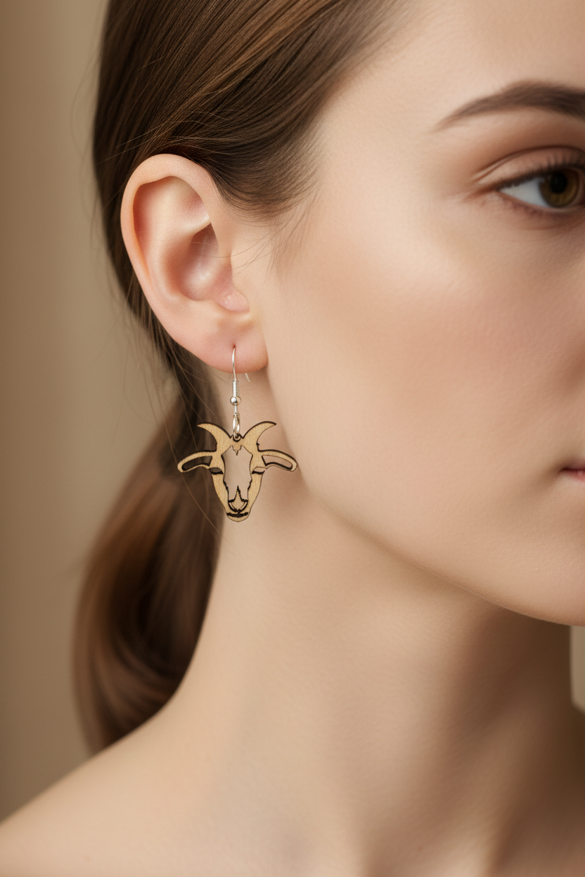 Woman wearing small handmade wood goat head earrings