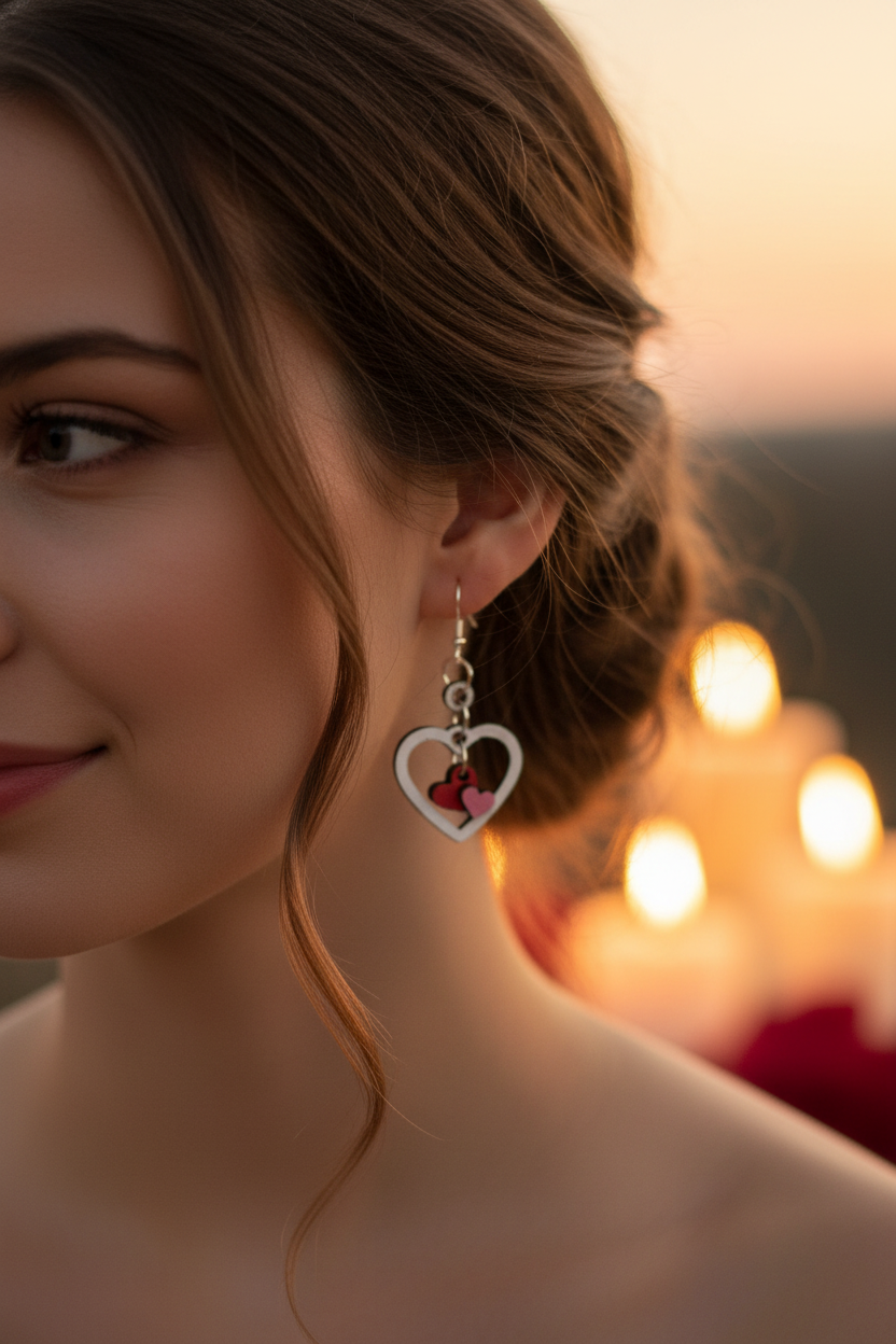 Woman wearing smaller heart earrings in romantic scene