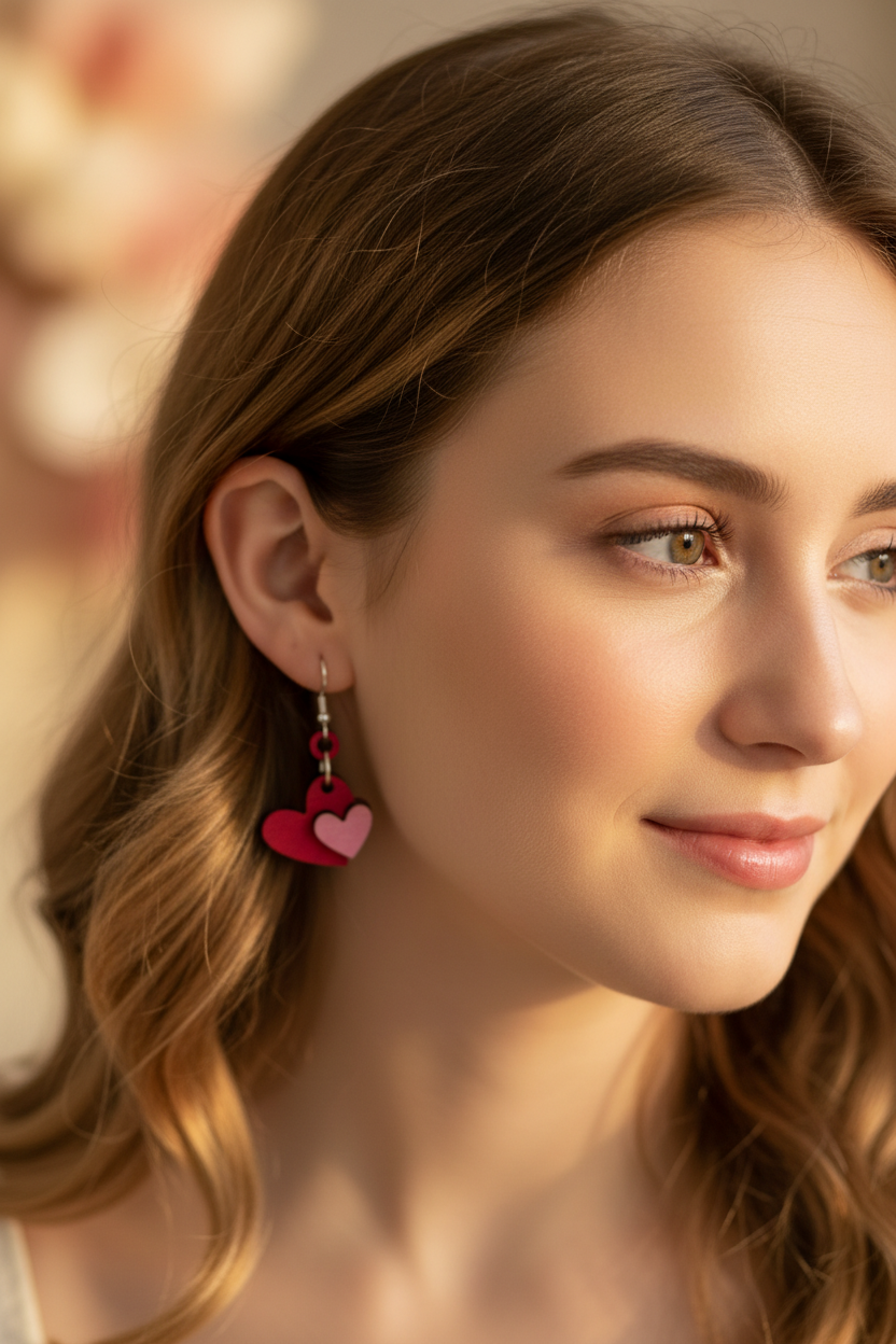 Woman wearing smaller heart earrings