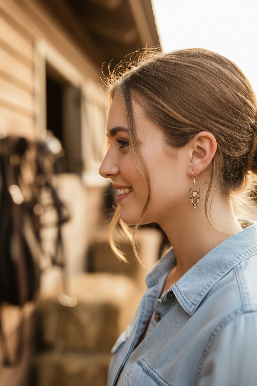 Woman wearing very small horse head earrings