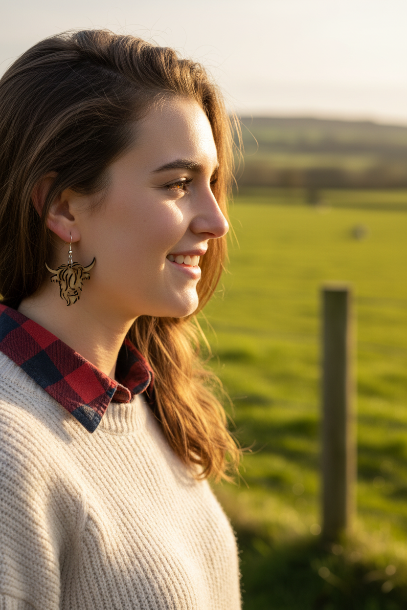 Young woman wearing smaller Highland cow earrings in pasture