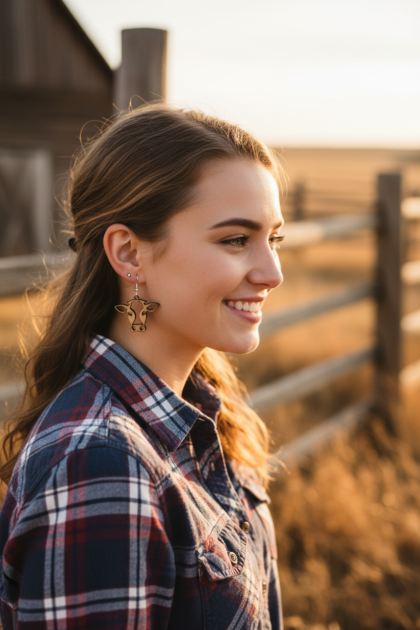 Young woman wearing very small cow head earrings in western scene